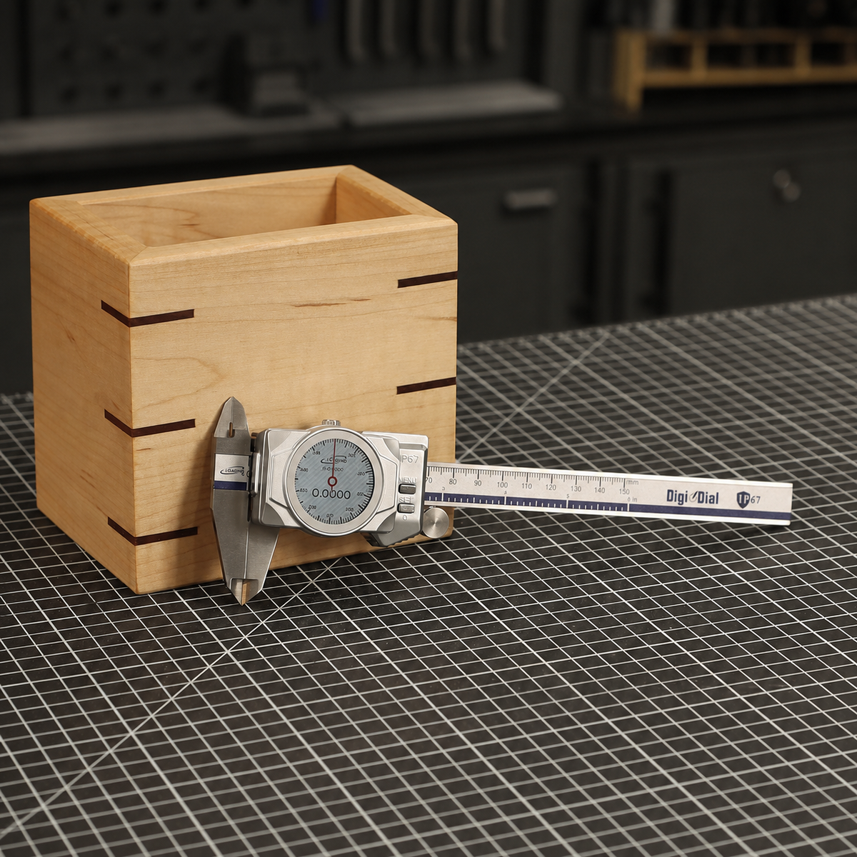 A wooden box with a sliding caliper placed across the front, set on a black gridded cutting mat with a blurred workshop background.