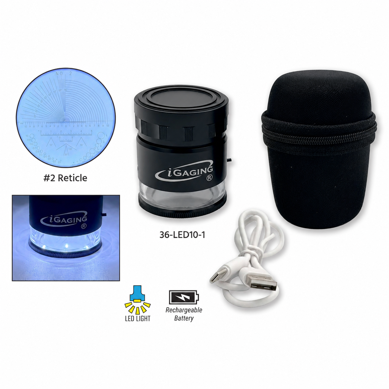 iGaging LED light detector kit with a black cylindrical device, a black protective case, a white USB charging cable, a blue illuminated #2 reticle lens view, and a rechargeable battery icon on a white background.
